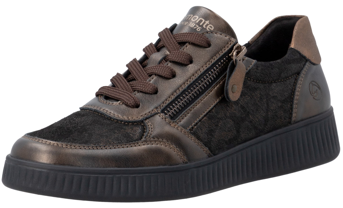 A brown and black lace-up sneaker with a side zipper, featuring a metallic bronze trim and a thick, textured black rubber sole.