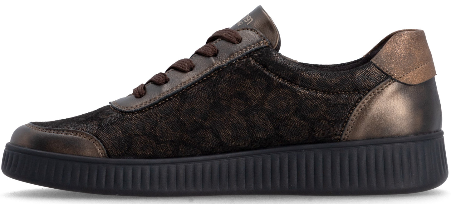 A brown, low-top sneaker with a textured pattern on the side panel, a metallic bronze cap on the toe and heel, brown laces, and a thick, ridged black rubber sole.