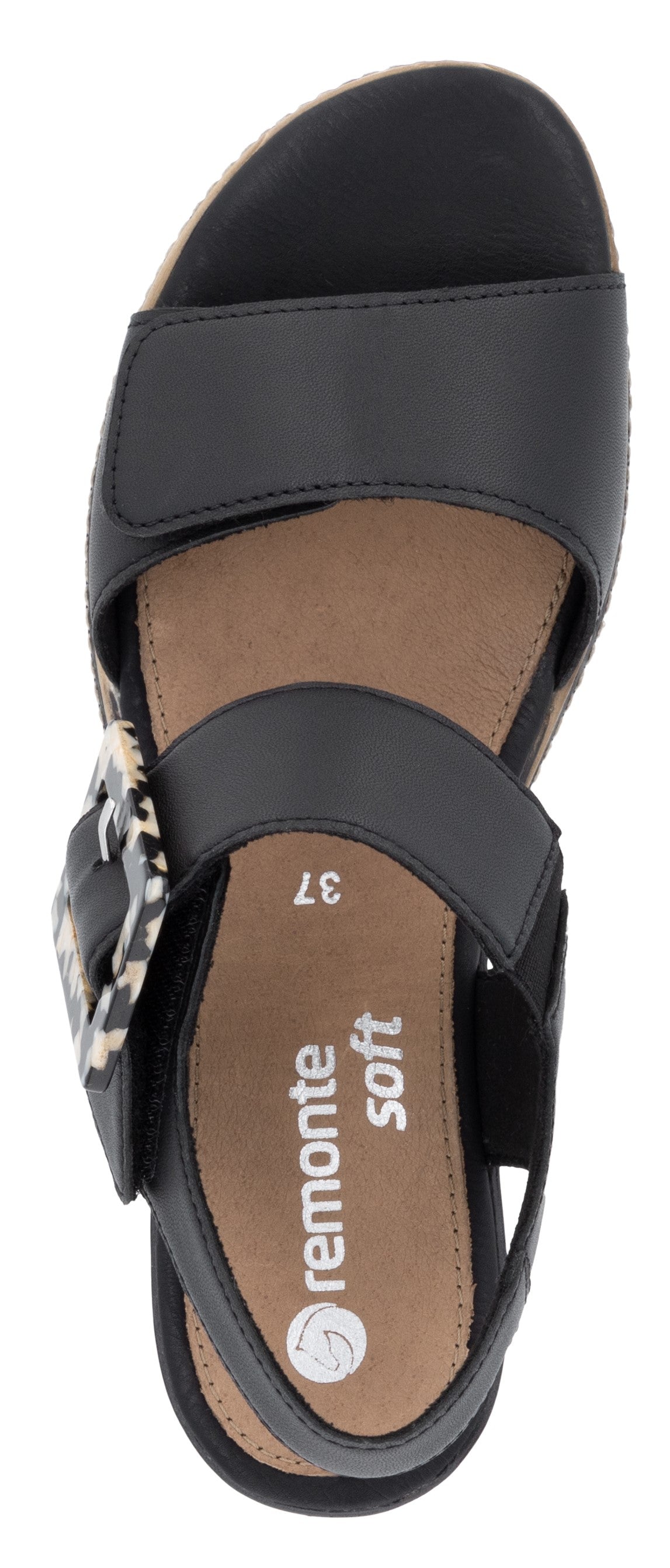 A top-down view of a black sandal with two straps and a decorative tortoiseshell-patterned buckle. "37" and "remonte soft" are visible on the sandal's footbed.