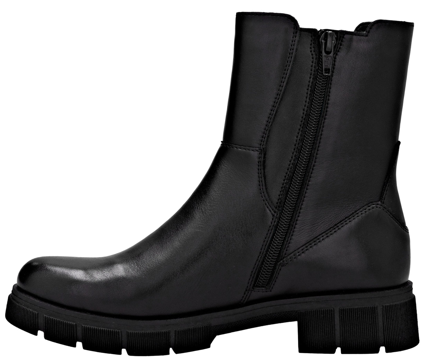 Black ankle boot with zipper closure and lug sole.