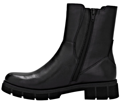 Black ankle boot with zipper closure and lug sole.
