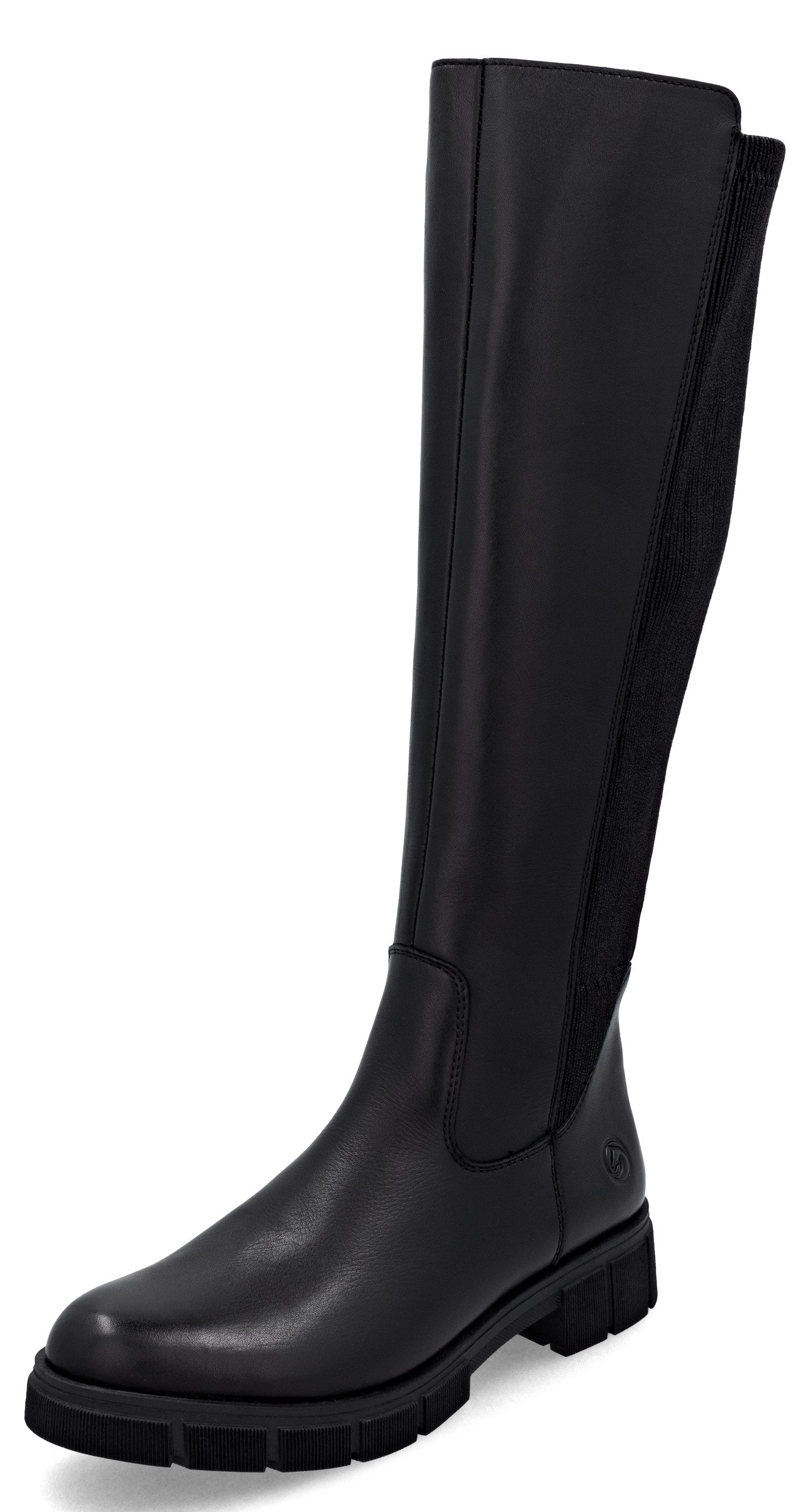 A black leather knee-high boot with a thick rubber lug sole, a round toe, and a vertical elastic side panel for a snug fit.