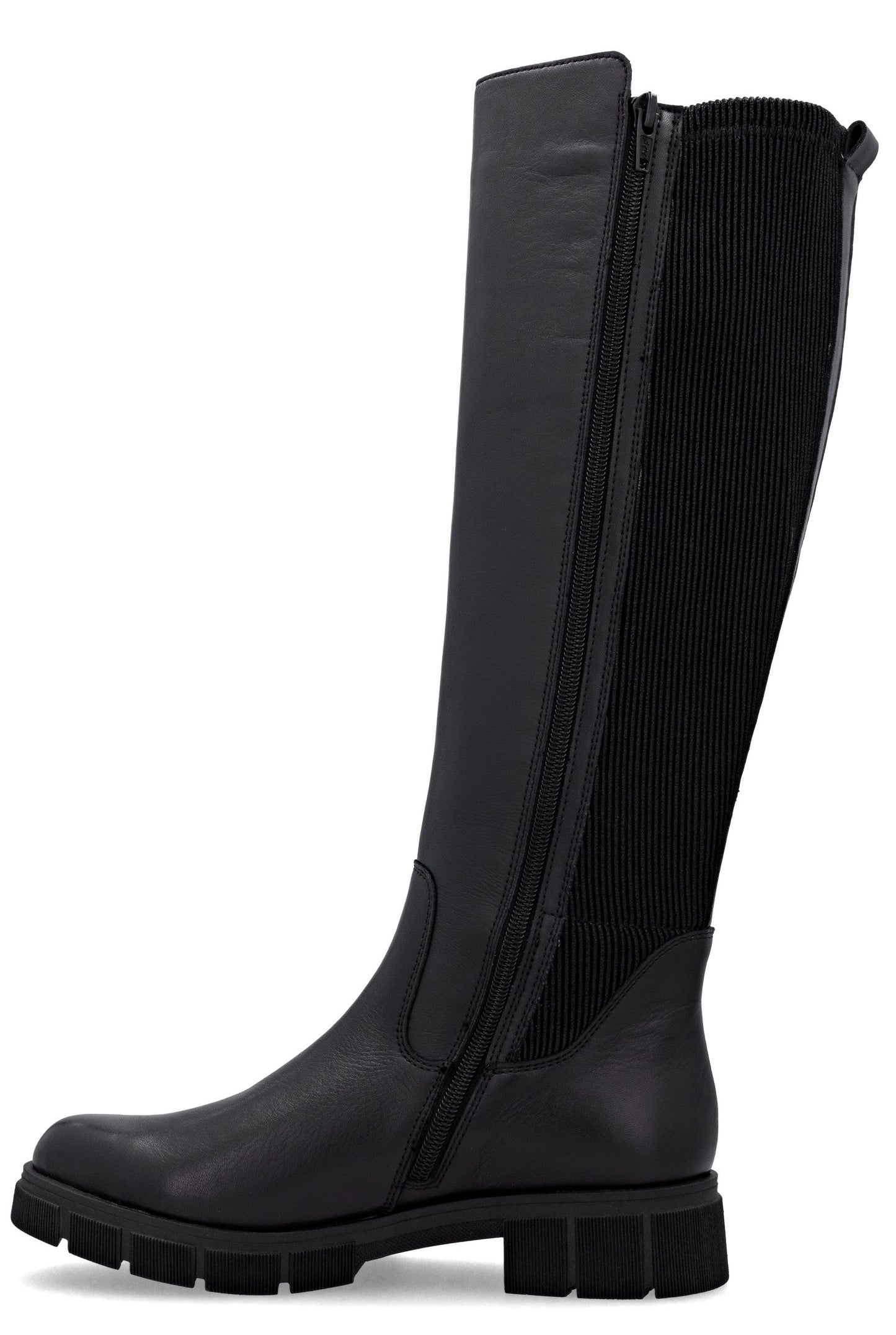 A black knee-high boot with a thick lug sole, a leather front panel, a ribbed fabric back panel, and a side zipper closure.