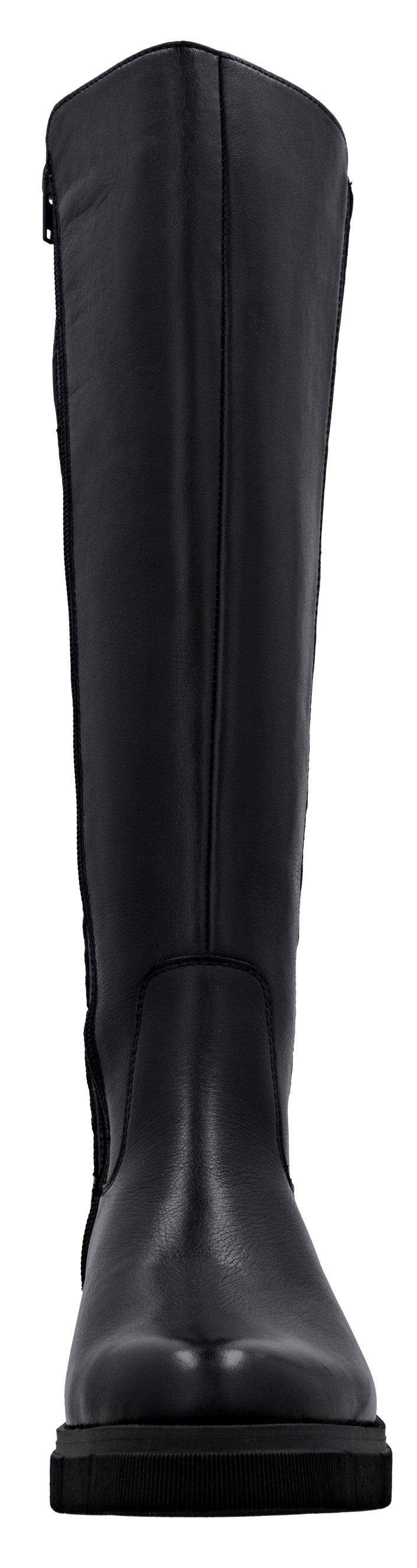 A sleek, black leather knee-high boot featuring a simple, streamlined design with a rounded toe, a visible vertical seam running up the front of the shaft, and a thick, matching black flat sole.