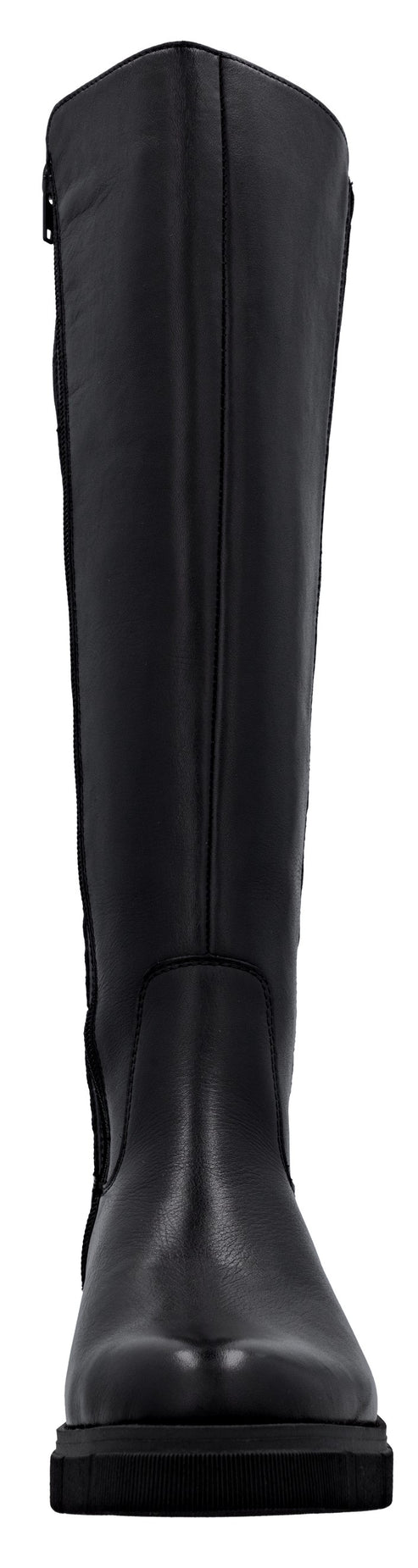 A sleek, black leather knee-high boot featuring a simple, streamlined design with a rounded toe, a visible vertical seam running up the front of the shaft, and a thick, matching black flat sole.