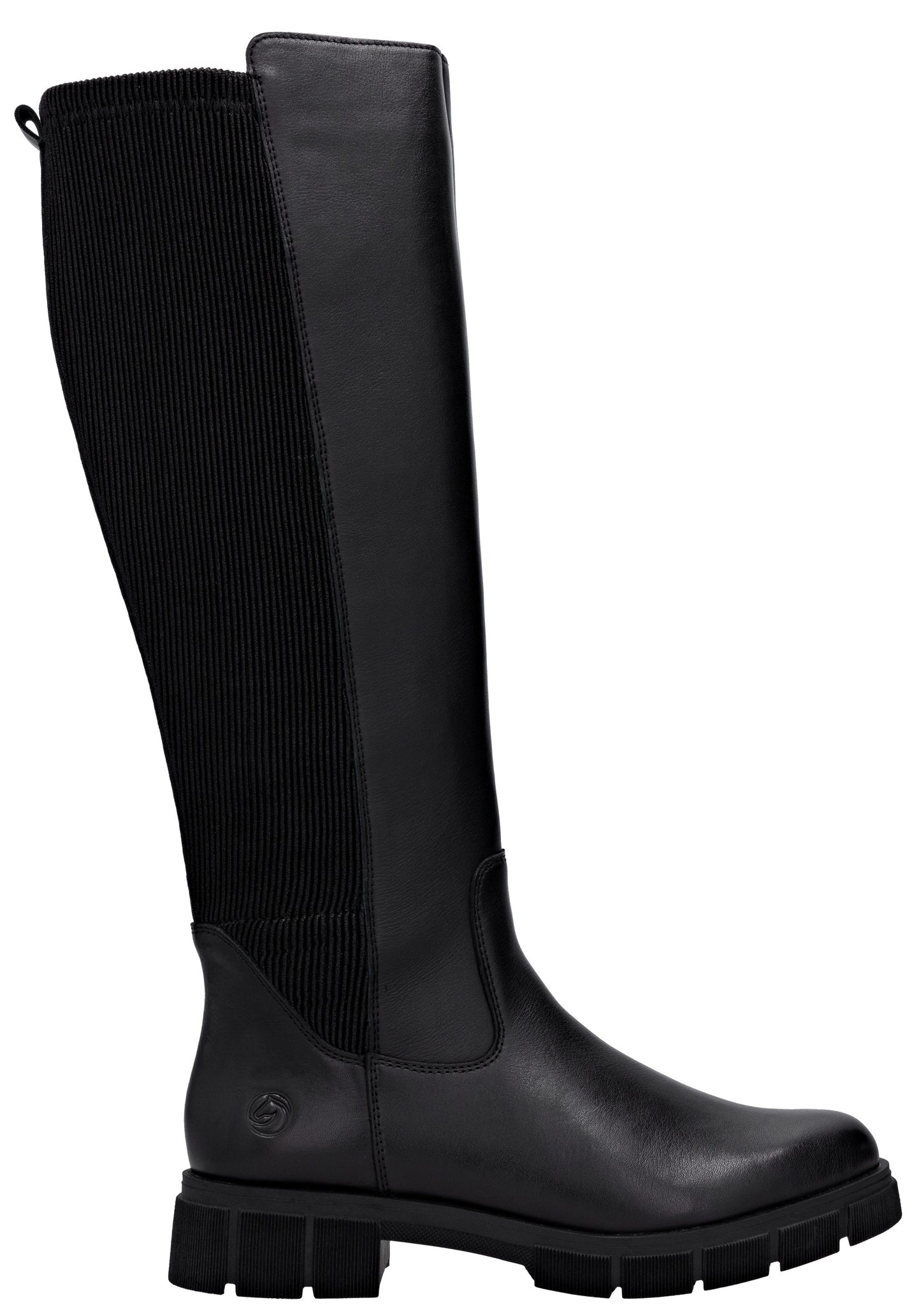 A black knee-high leather boot with a thick lug sole and a textured knit panel on the back of the calf.
