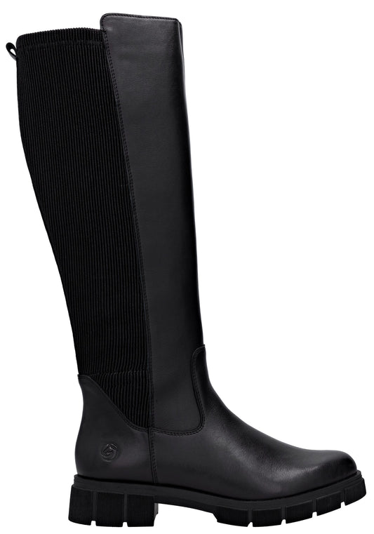 A black knee-high leather boot with a thick lug sole and a textured knit panel on the back of the calf.
