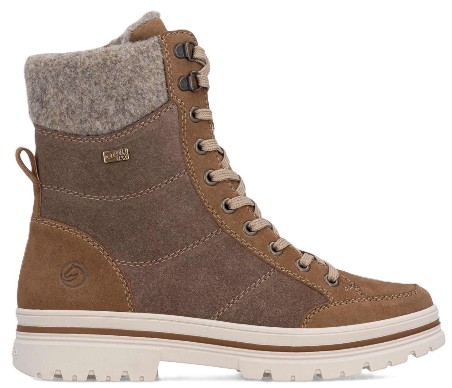 Tan lace-up boot with wool-like lining, brown side panels, and a thick white sole.