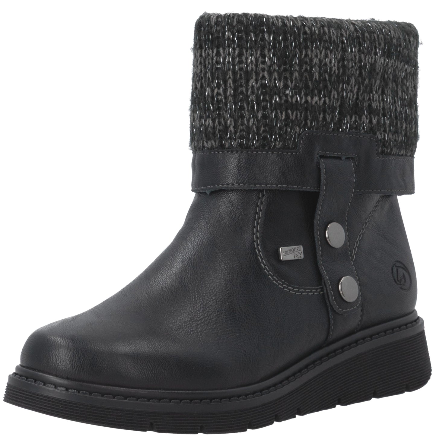 A black ankle boot with a smooth, synthetic leather lower portion and a textured, dark gray knitted cuff at the top, featuring a side strap with two silver-tone decorative buttons and a subtle embossed logo on the outer ankle, set on a chunky black rubber sole.