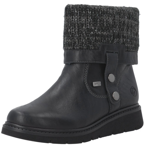 A black ankle boot with a smooth, synthetic leather lower portion and a textured, dark gray knitted cuff at the top, featuring a side strap with two silver-tone decorative buttons and a subtle embossed logo on the outer ankle, set on a chunky black rubber sole.