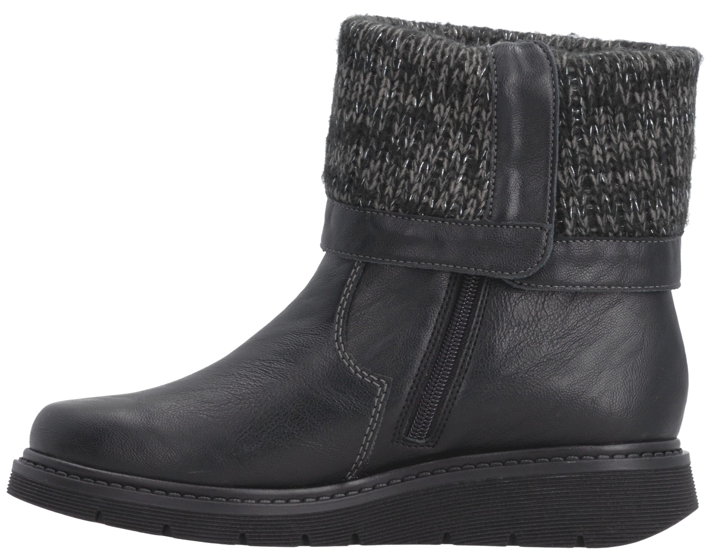 A black ankle boot with a smooth leather lower portion, a side zipper, and a textured, knitted charcoal grey cuff at the top, set on a dark, flat, textured sole.