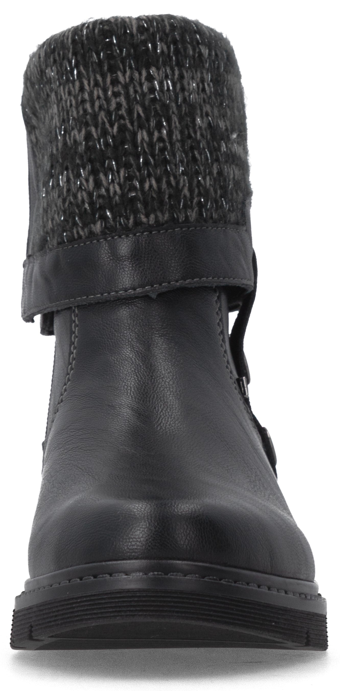 A black faux leather ankle boot featuring a textured, gray knit cuff at the top and a thick, ridged black rubber sole, viewed from the front.