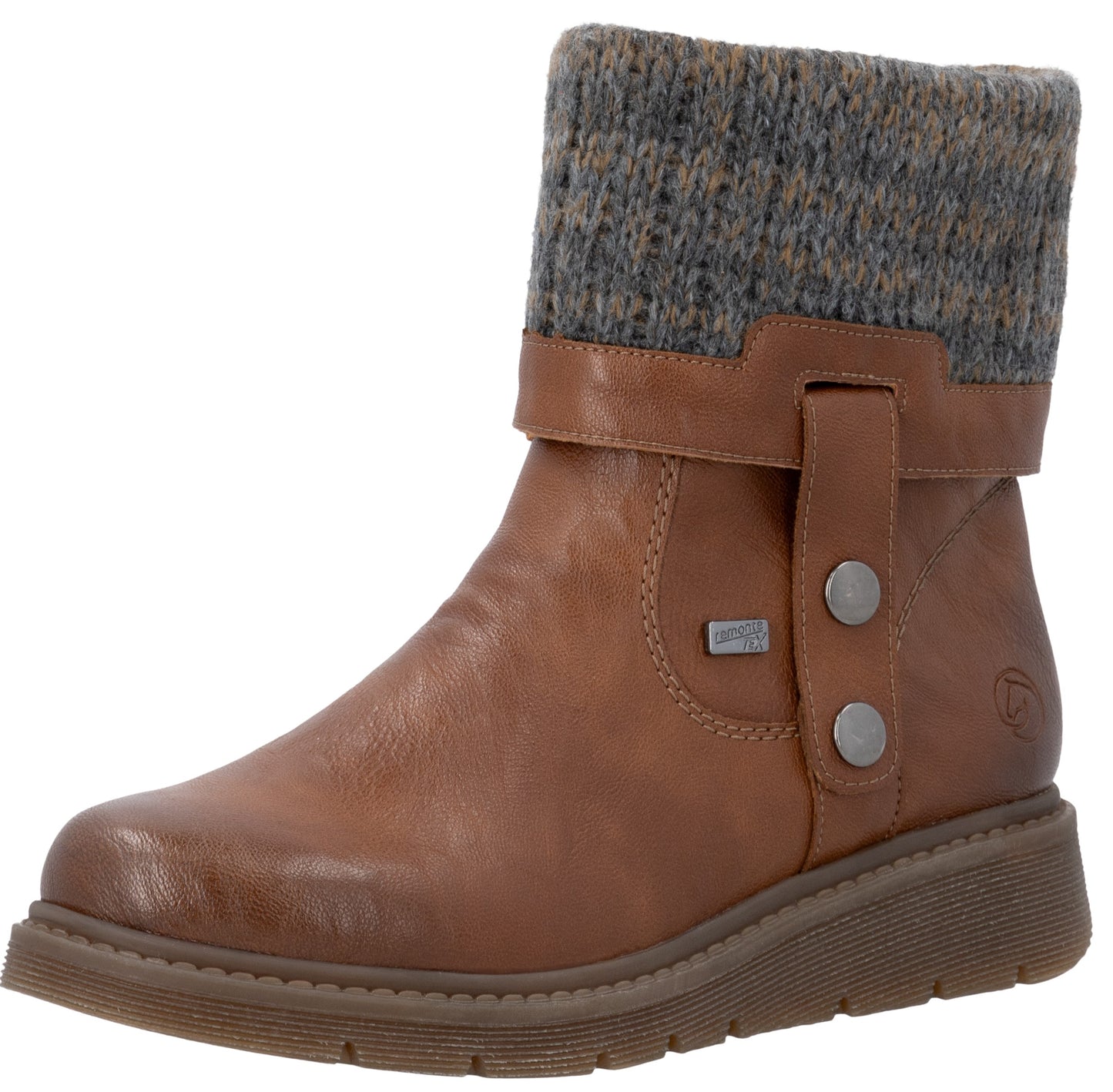A tan leather ankle boot with a grey knit cuff, featuring a side strap with two silver buttons and a low, ridged rubber sole.