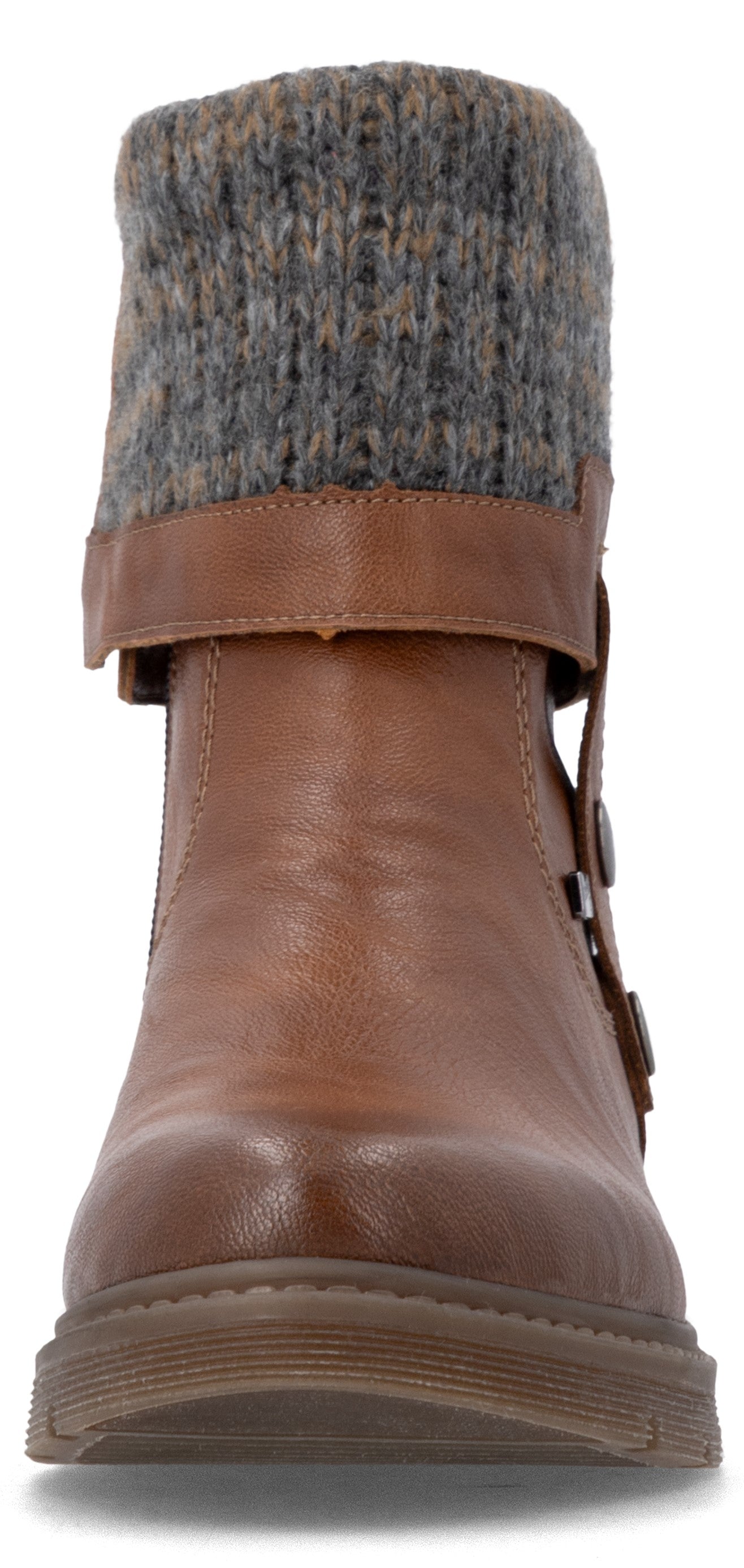 A brown ankle boot featuring a textured grey knitted sweater-style cuff at the top, a buckled strap around the ankle, and a thick, textured rubber sole viewed from the front.