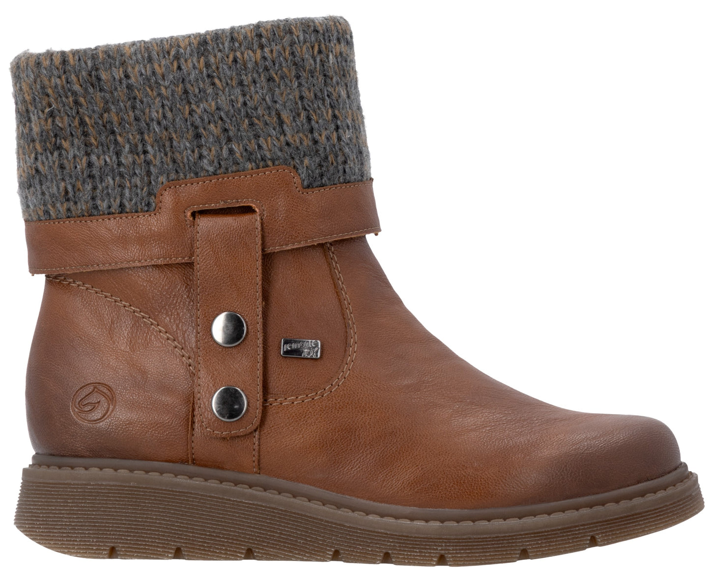 A tan leather ankle boot with a grey knit cuff, featuring a side strap with two silver buttons and a low, textured rubber sole.