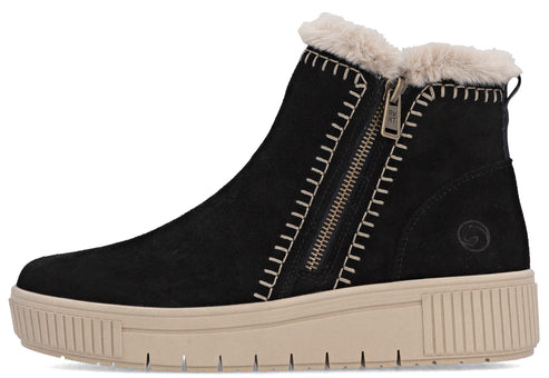 Black ankle boot with zipper, white stitching, and light beige sole and trim.