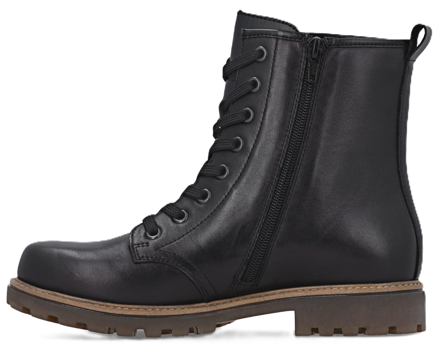 Black leather lace-up combat boot with side zipper and lug sole.