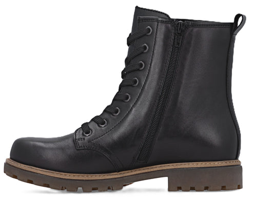 Black leather lace-up combat boot with side zipper and lug sole.