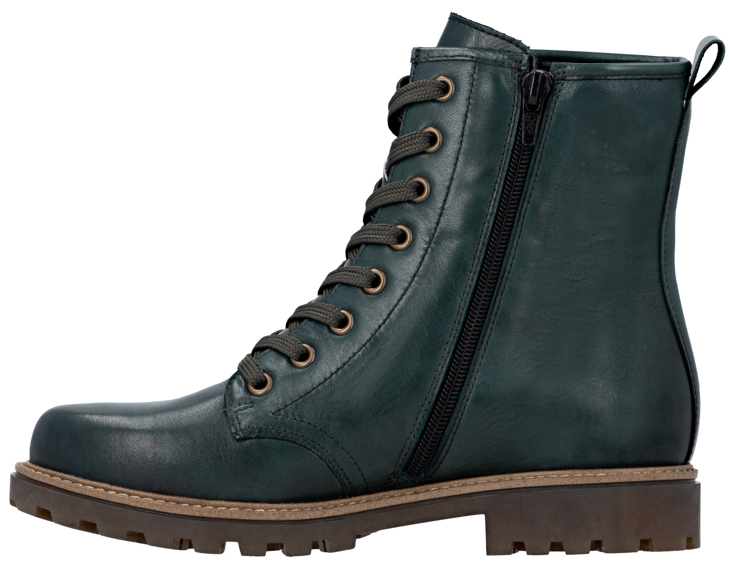 Green ankle-high lace-up boot with a side zipper and lug sole.