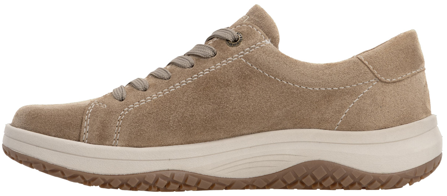 A tan suede lace-up sneaker with a cream-colored thick rubber sole featuring a diamond-patterned textured bottom.