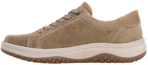 A tan suede lace-up sneaker with a cream-colored thick rubber sole featuring a diamond-patterned textured bottom.