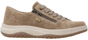 A tan suede sneaker with a side zipper, lace-up closure, and a beige rubber sole with a textured tread.