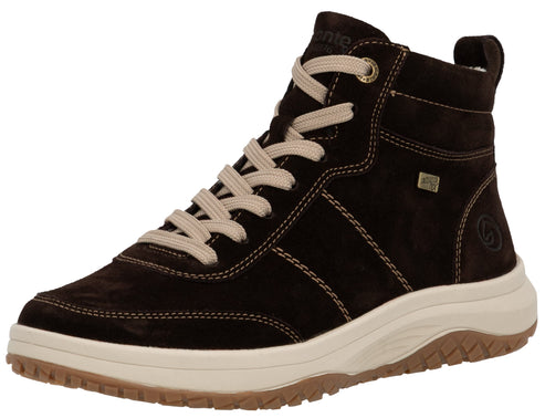 A brown suede lace-up high-top sneaker with cream-colored laces and a chunky white midsole, featuring a textured gum-colored rubber outsole and subtle stitching details.