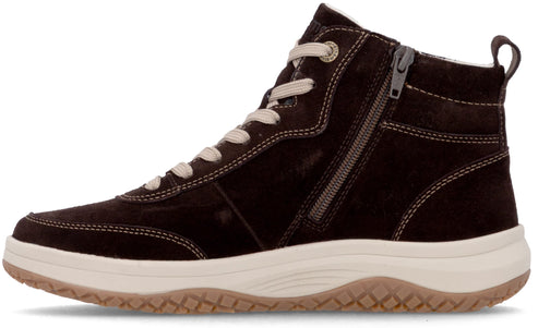 A dark brown suede high-top sneaker with a cream-colored midsole, a textured rubber outsole, off-white laces, and a zipper on the outer side.