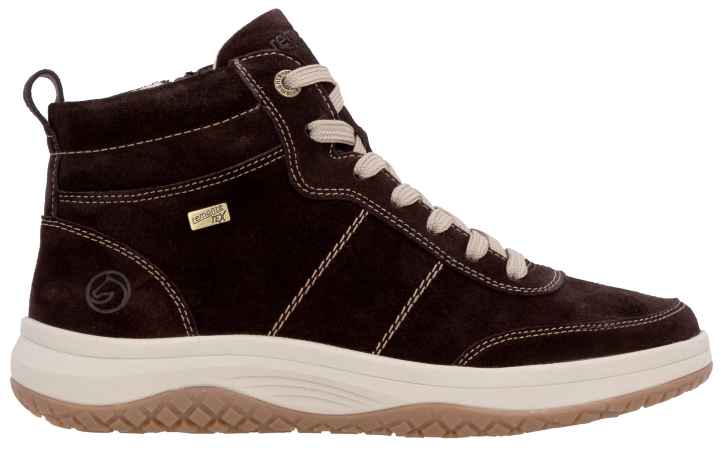 A brown suede ankle-height sneaker with white laces, white rubber sole, tan textured tread, and a small metal plaque labeled Remonte Tex on the side.