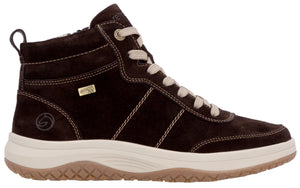 A brown suede ankle-height sneaker with white laces, white rubber sole, tan textured tread, and a small metal plaque labeled Remonte Tex on the side.