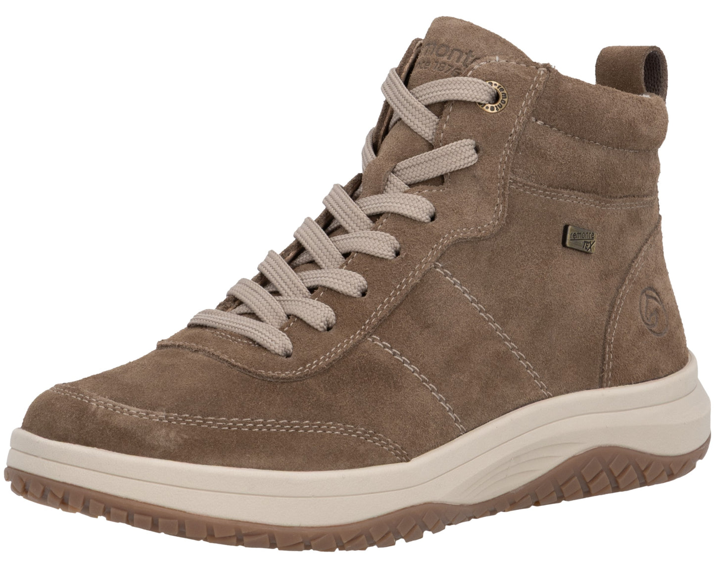 A brown suede high-top sneaker with matching laces, a white rubber sole, and a visible logo stamp on the side heel.