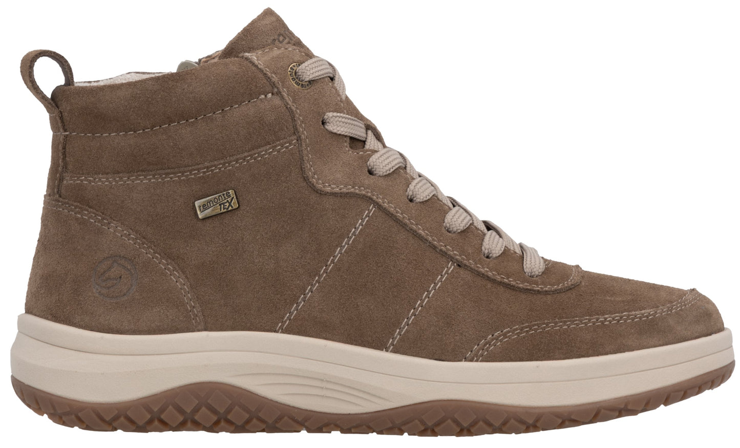 A brown, suede, high-top sneaker with a cream-colored sole, beige laces, and a side zipper, featuring a small branded metal tag on the upper side.