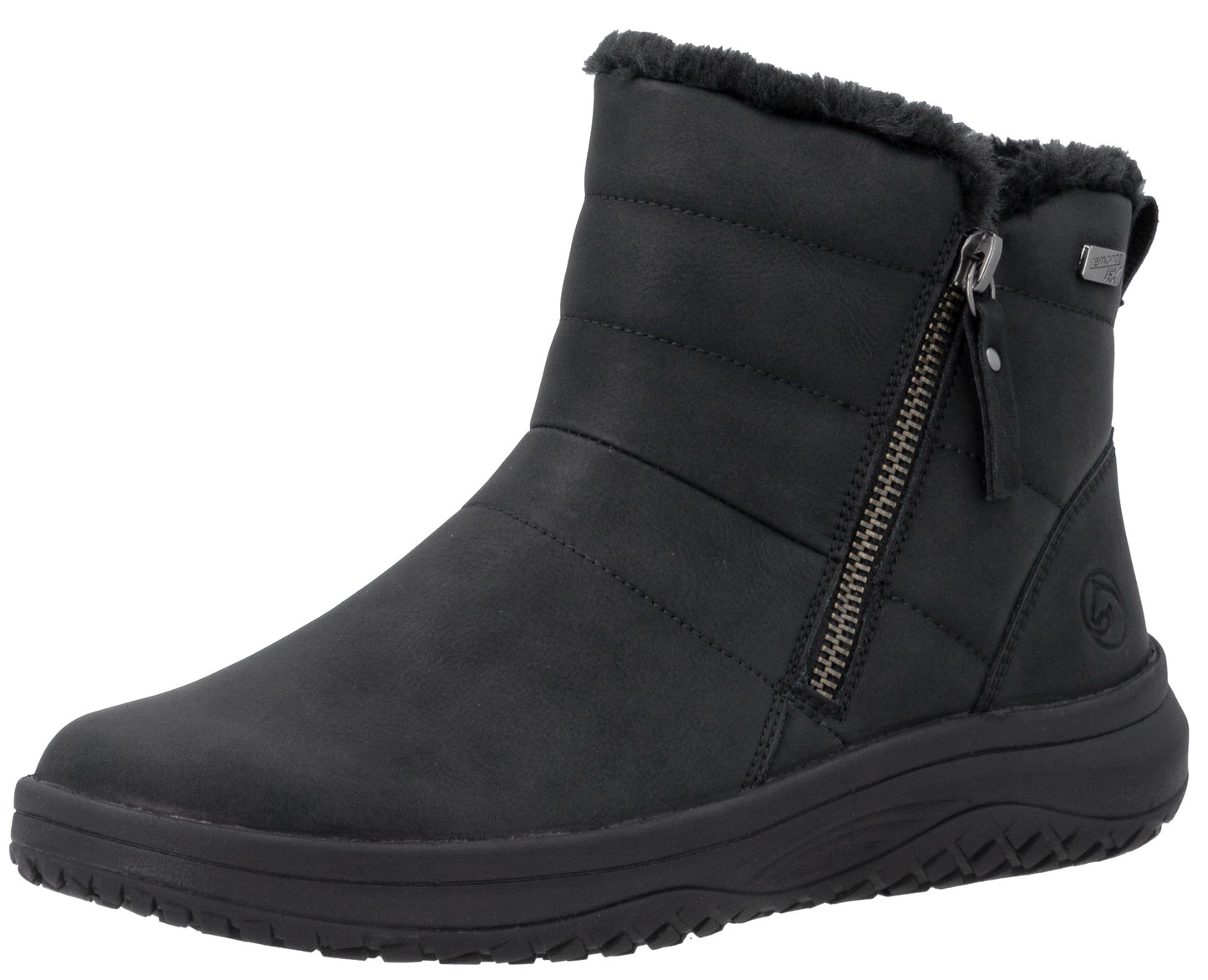 A black, ankle-height winter boot featuring a quilted upper, a side zipper closure, and a faux fur collar, set on a thick, dark rubber sole.