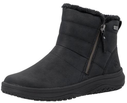 A black, ankle-height winter boot featuring a quilted upper, a side zipper closure, and a faux fur collar, set on a thick, dark rubber sole.
