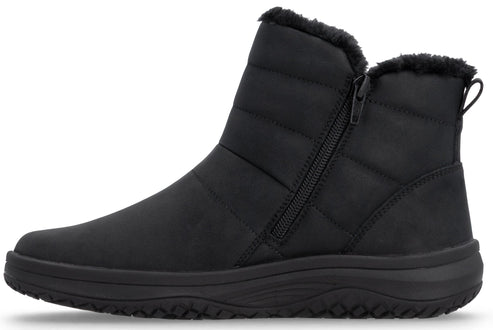 A black ankle-height puffer boot with horizontal stitching, a side zipper closure, and a faux fur lining at the collar, set on a thick, dark rubber sole.