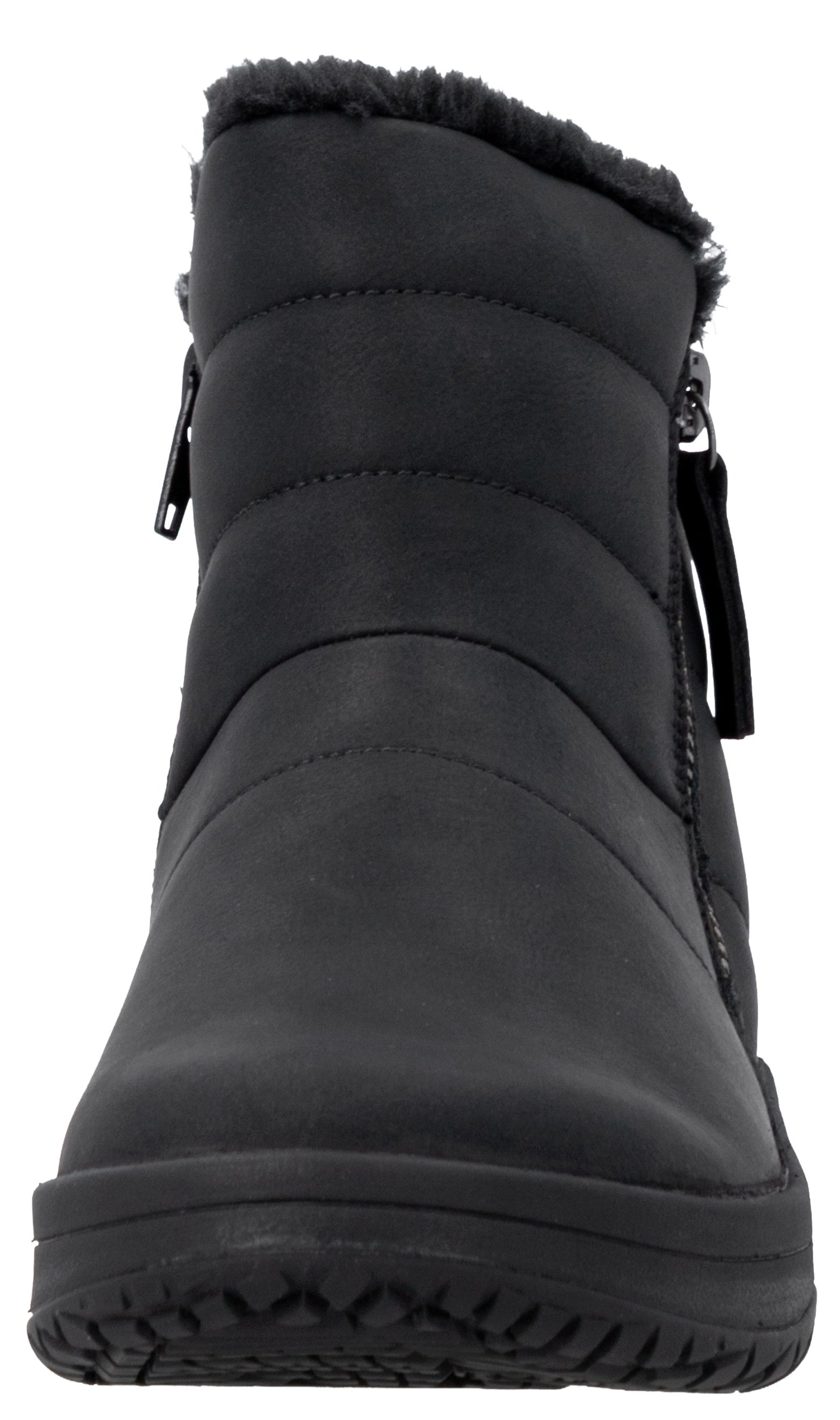 A black ankle-height puffer boot with a matte finish, horizontal stitched detailing on the upper, side zippers, and a warm faux-fur lining along the top edge.