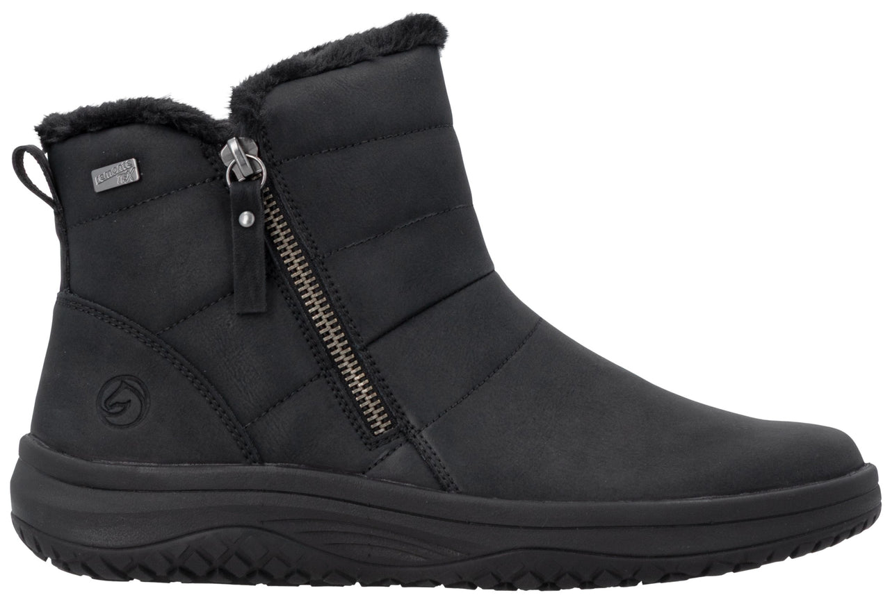 A black ankle boot with a quilted synthetic upper, a side zipper closure, a faux fur lined collar, and a thick, textured black rubber sole.