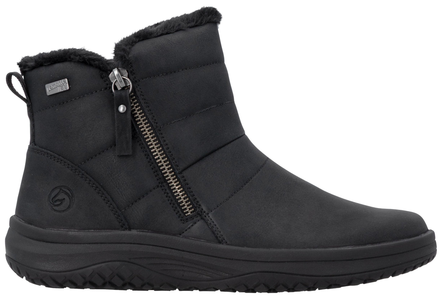 A black ankle boot with a quilted synthetic upper, a side zipper closure, a faux fur lined collar, and a thick, textured black rubber sole.