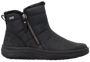 A black ankle boot with a quilted synthetic upper, a side zipper closure, a faux fur lined collar, and a thick, textured black rubber sole.