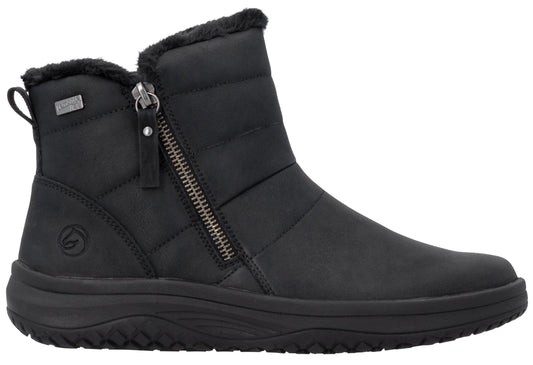 A black ankle boot with a quilted synthetic upper, a side zipper closure, a faux fur lined collar, and a thick, textured black rubber sole.