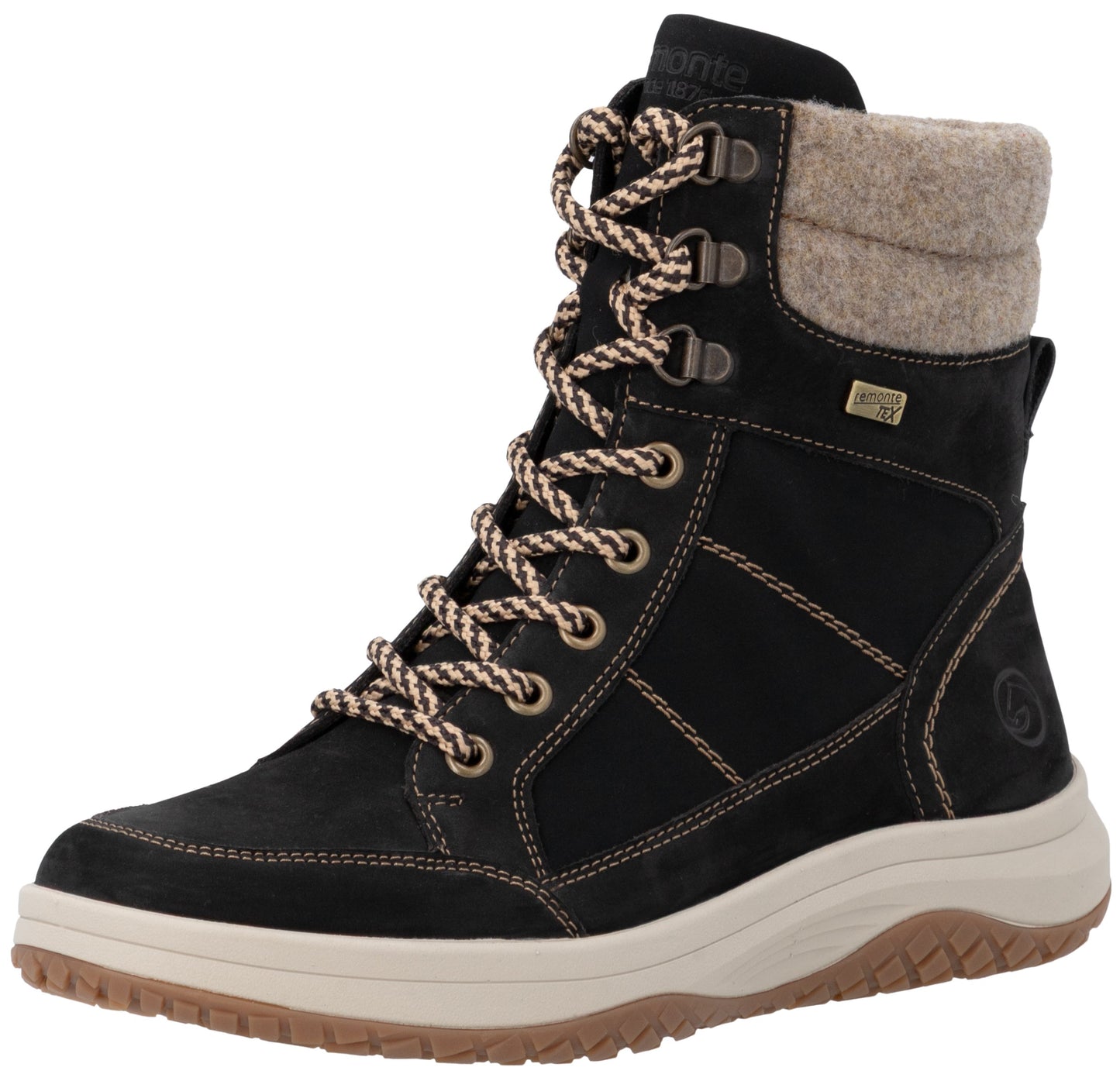 A black ankle boot with a high-top design, featuring a tan wool-like fabric around the collar, metallic lace hooks and eyelets, patterned brown and tan laces, light beige thick midsole, and a patterned brown rubber outsole.