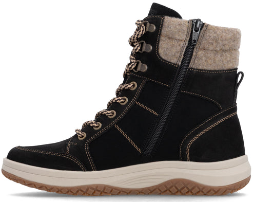 A black suede mid-calf lace-up boot with a tan knit collar, a side zipper, and a thick, beige cushioned sole with a patterned gum-colored tread.