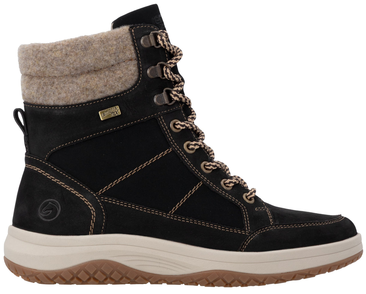 A black suede mid-calf lace-up boot featuring a tan felt collar, brown and white patterned laces, beige midsole, and brown treaded sole.