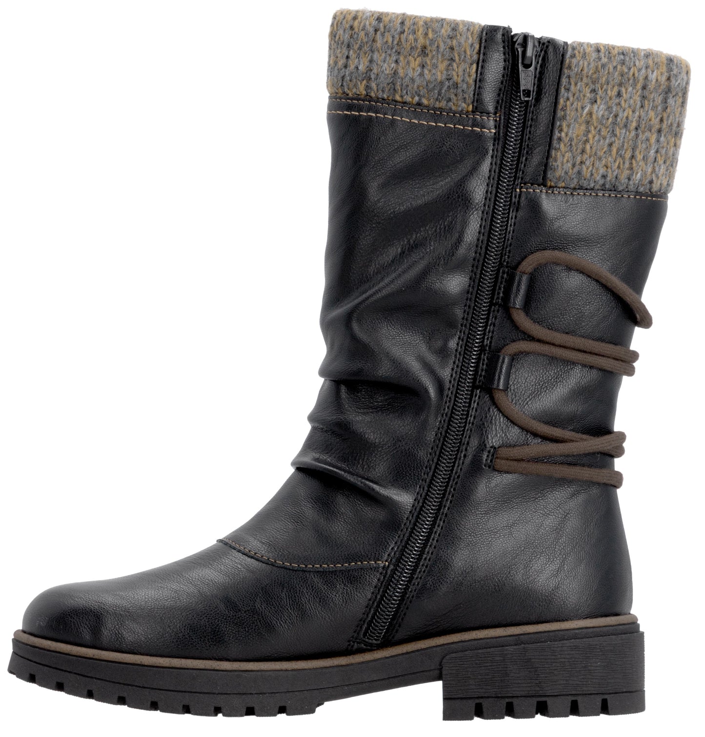 A black, mid-calf faux leather boot with a zippered side, a gray knit cuff at the top, and decorative crisscross brown straps on the outer side, set on a dark, lugged rubber sole.