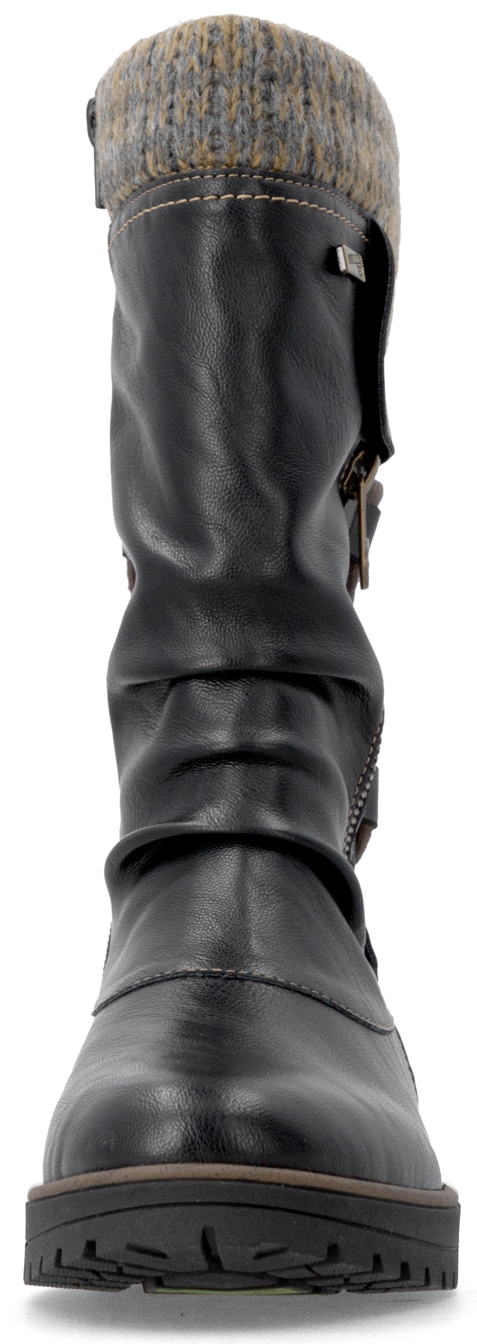 A black mid-calf boot with a textured, multi-colored knit cuff at the top, featuring a slouchy synthetic leather shaft, a side zipper, and a thick, dark rubber sole.