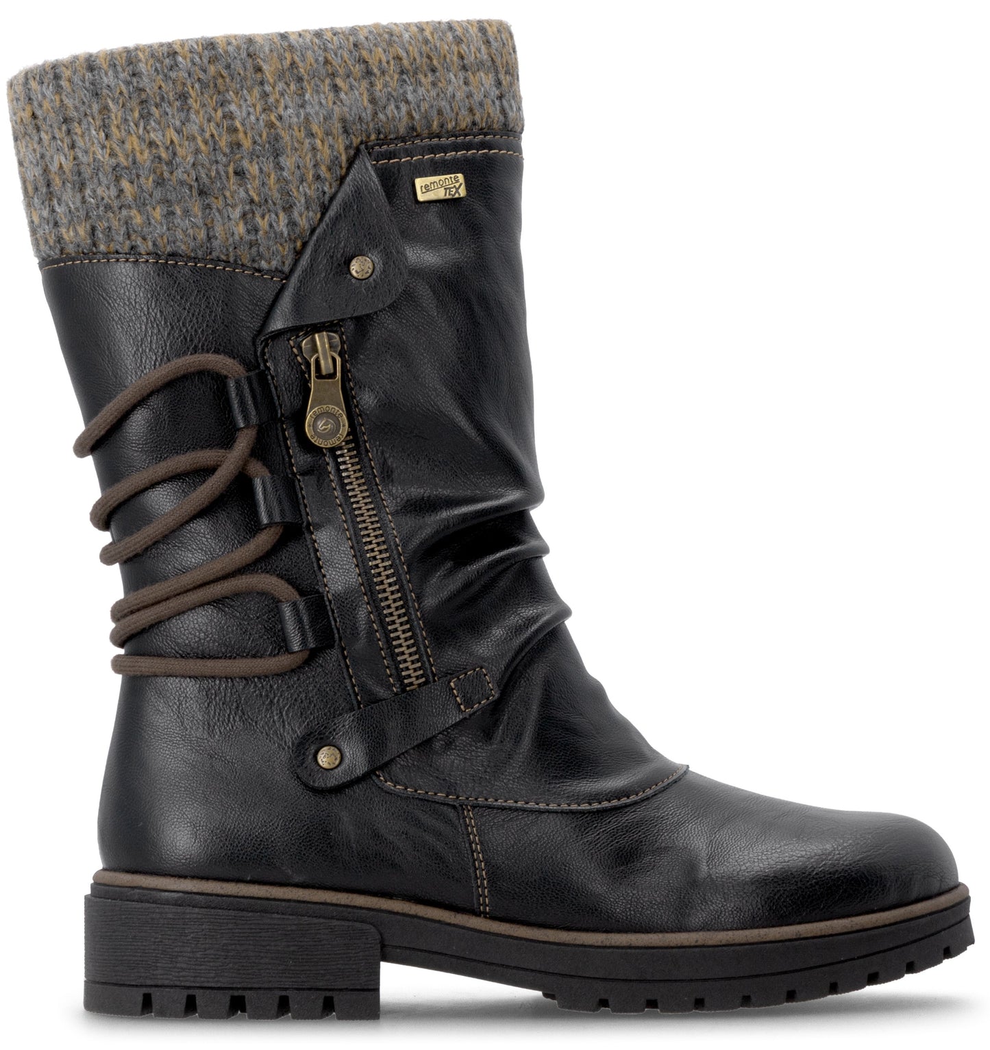 A black mid-calf boot featuring a textured grey knit cuff at the top, a vertical side zipper with a decorative metallic pull, and thick, brown, horizontal lacing details along the side. The boot has a rounded toe, a flat block heel, and a lugged outsole, set against a plain background.