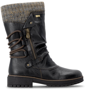 A black mid-calf boot featuring a textured grey knit cuff at the top, a vertical side zipper with a decorative metallic pull, and thick, brown, horizontal lacing details along the side. The boot has a rounded toe, a flat block heel, and a lugged outsole, set against a plain background.