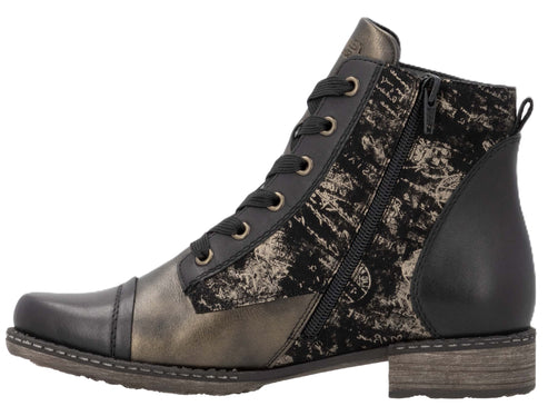 Ankle boot with black laces, a black and grey patterned fabric upper, and a side zipper.