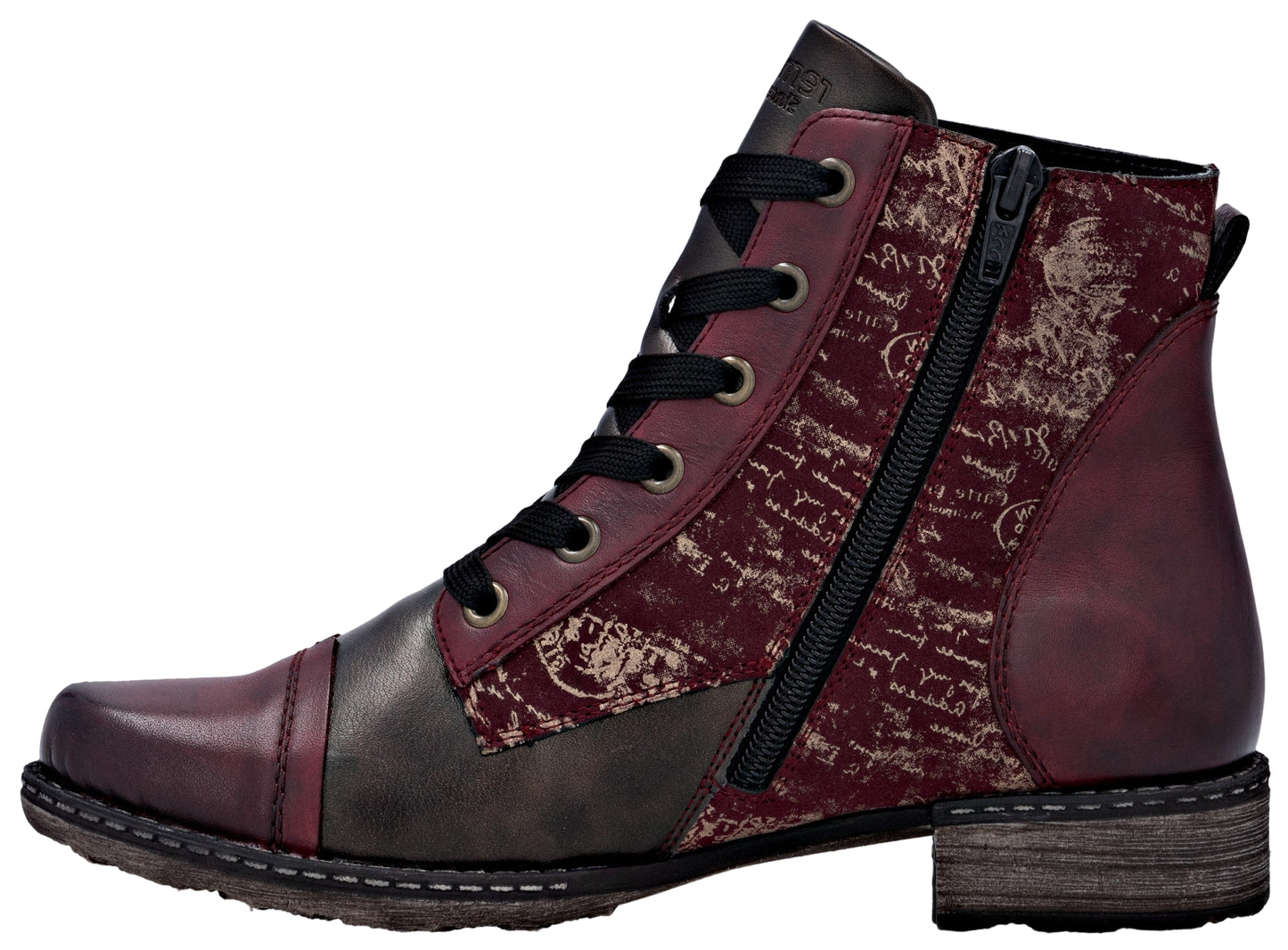 Ankle-high boot with mixed materials and side zipper. The toe, heel, and lace areas are dark burgundy, and the rest of the boot is decorated with printed beige graphics on a dark burgundy background.