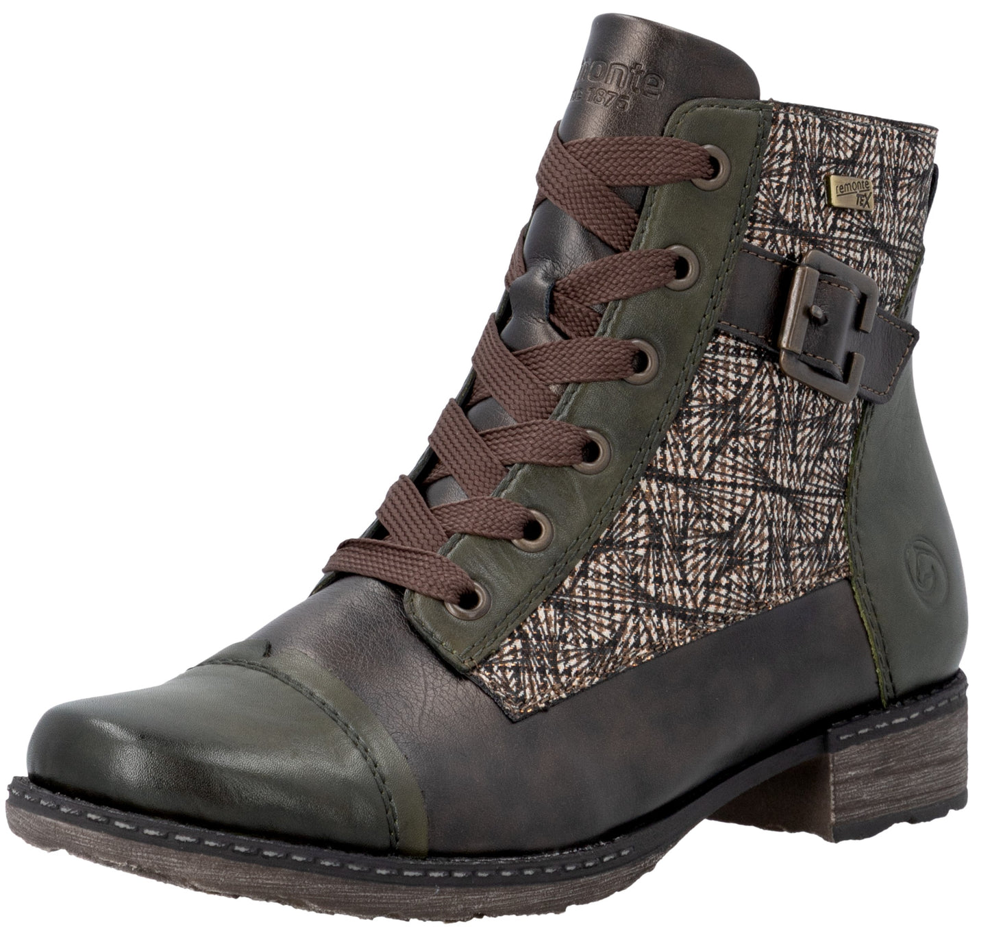 A dark green leather ankle boot with brown laces, featuring a patterned fabric side panel, a decorative buckle strap across the ankle, and a low, stacked heel.